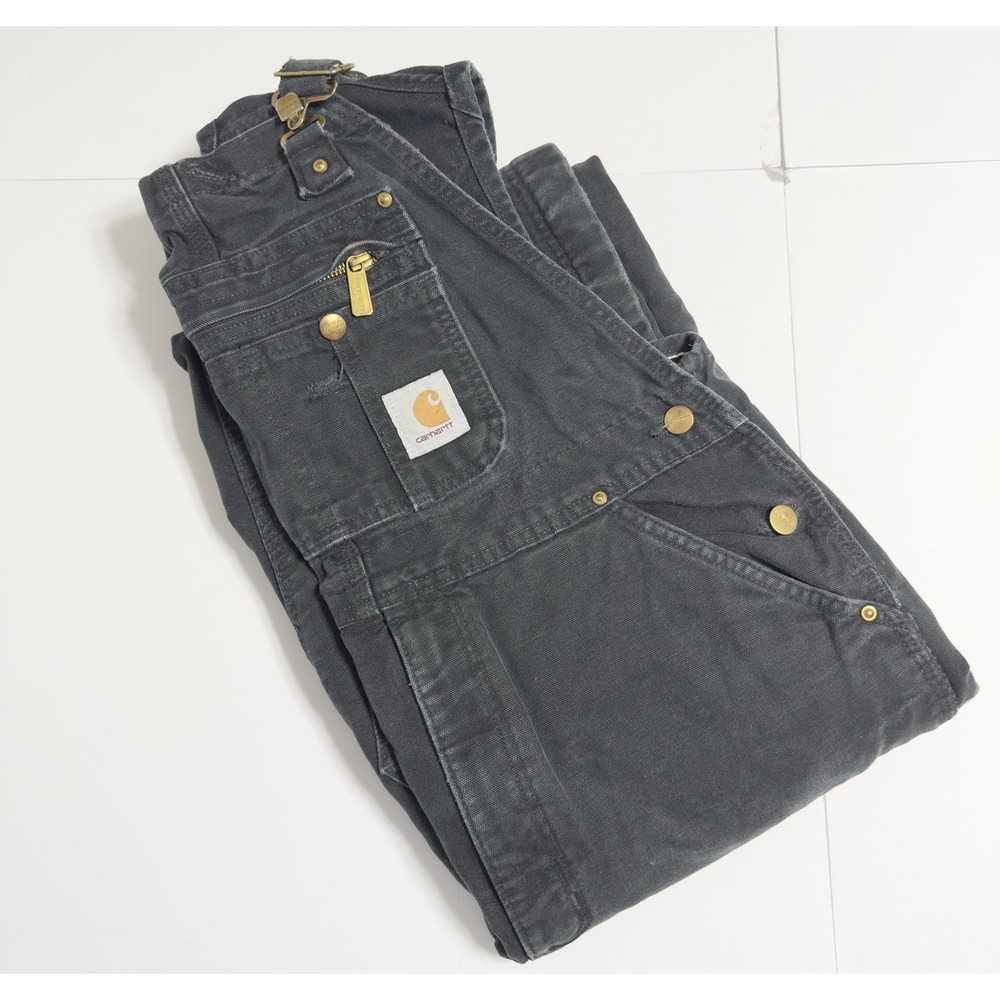 VTG 90s Carhartt Double Knee Canvas Duck Bib Overalls 36x28 Black Workwear USA